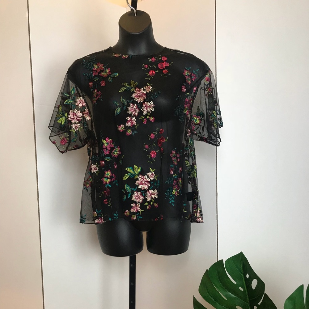 #1 Black Mesh Top W/ Floral Overlay Print